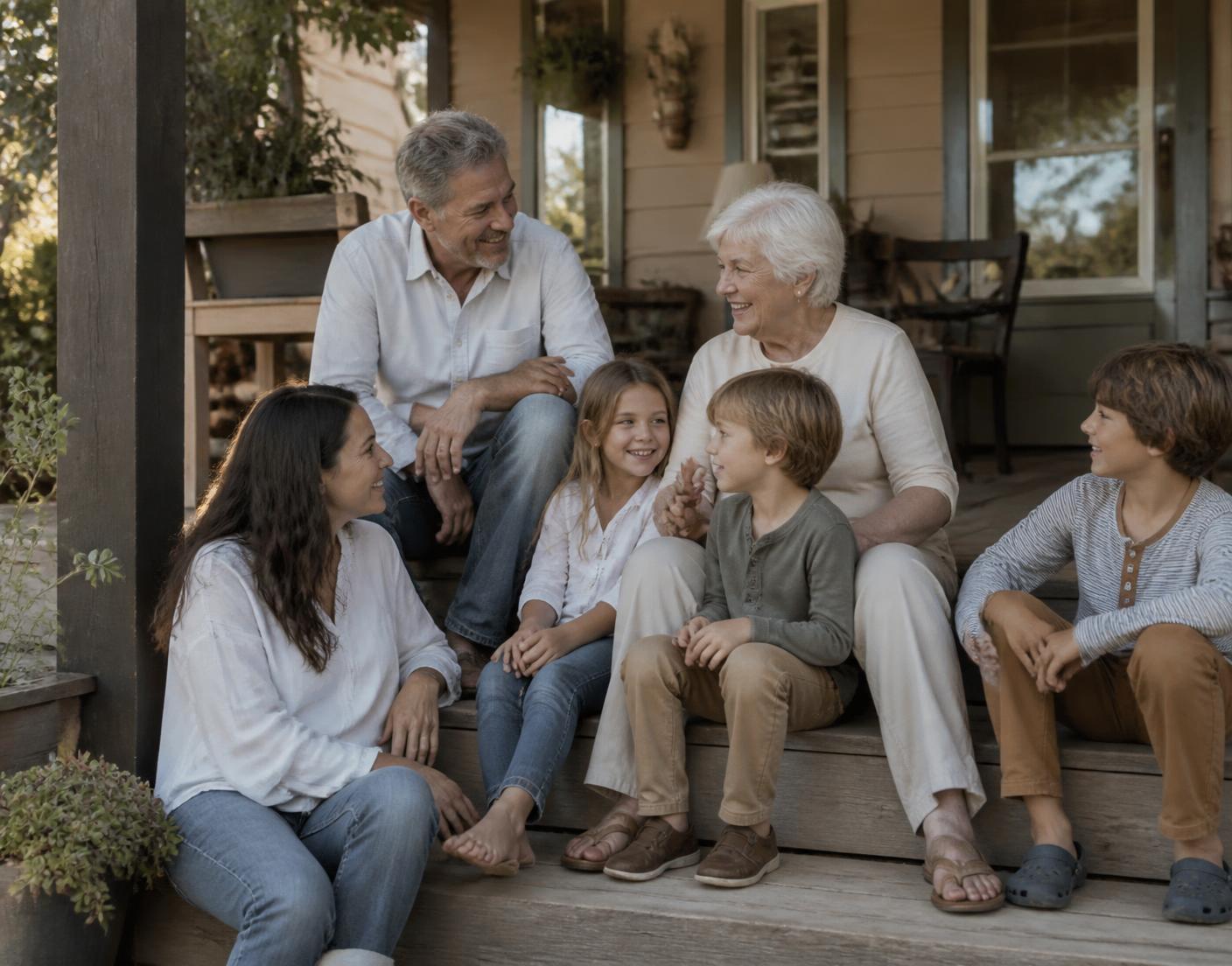 A multigenerational family talking together on the porch of their home
